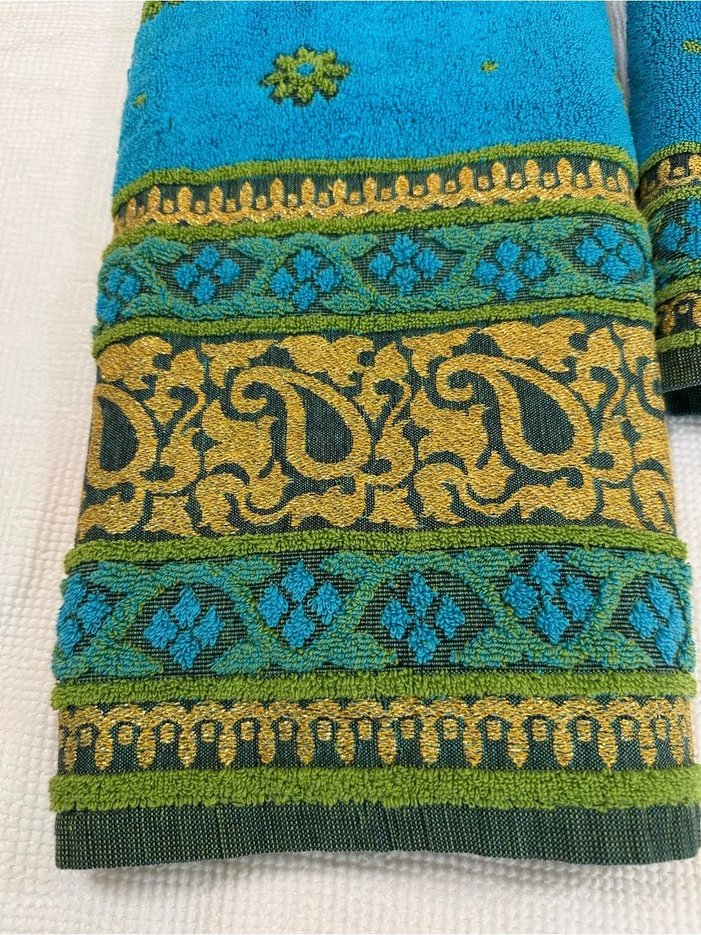 Vintage Callaway 3 pc bath towel hand towel set 60’s 70’s MCM blue green gold